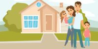 Family standing outside new home. People moving house. Mortgage loading real estate property with loan. Buying or or rental room. Happy hugging mother, father and their children